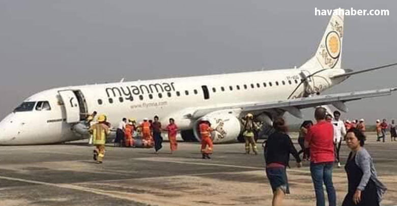 Myanmar Havayolları'na ait bir yolcu uçağının pilotu, iniş sırasında ön tekerleri açılmayan uçağı başarıyla piste indirdi.