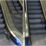 Yürüyen merdivene ters binen kedinin yardımına vatandaş koştu