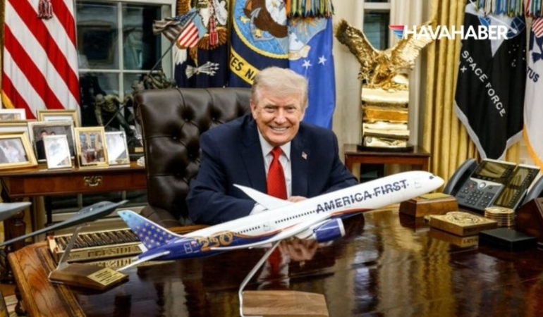 Trump’ın yeni “vizyonu” Oval Ofis’te ortaya çıktı: Gövdesinde “America First” yazan uçakla poz verdi