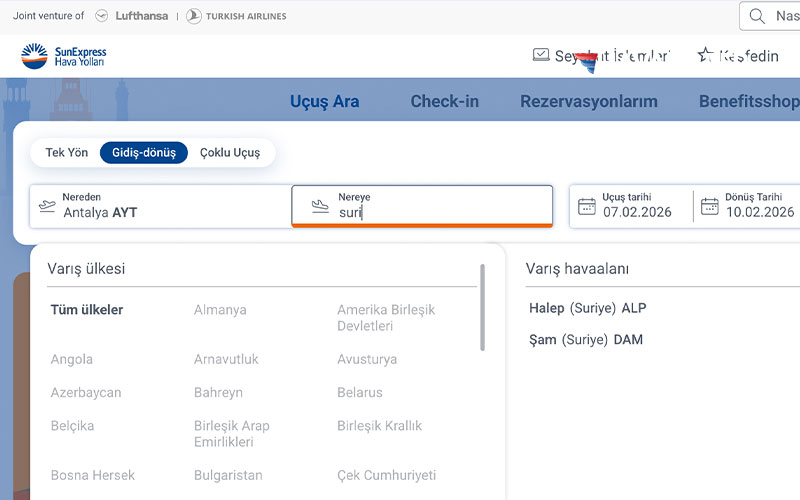 SunExpress sitesinde Şam ve Halep uçuşları için biletler satışa sunuldu.
