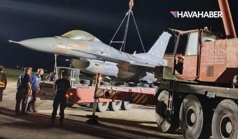 Yunan F-16’sı iniş takımları açılmadan indi! Vinçle pistten kaldırıldı
